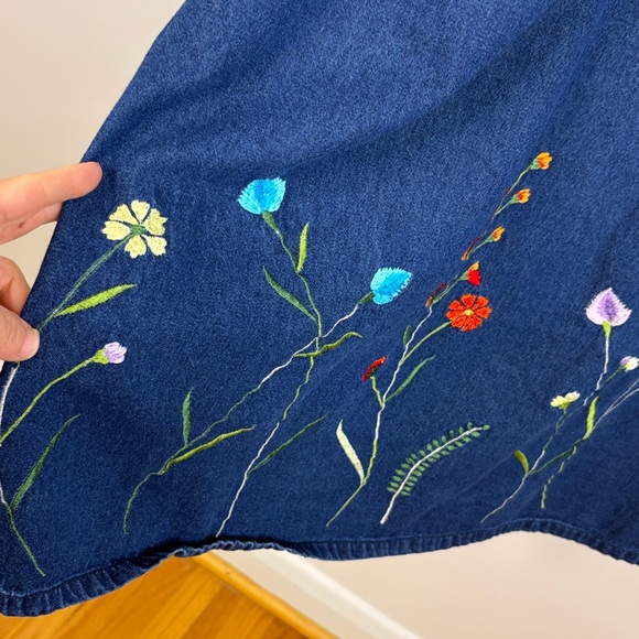 Chambray Dress Womens 2X Blue Jean Embroidered Floral Short Sleeve Prairie Midi - Picture 9 of 13